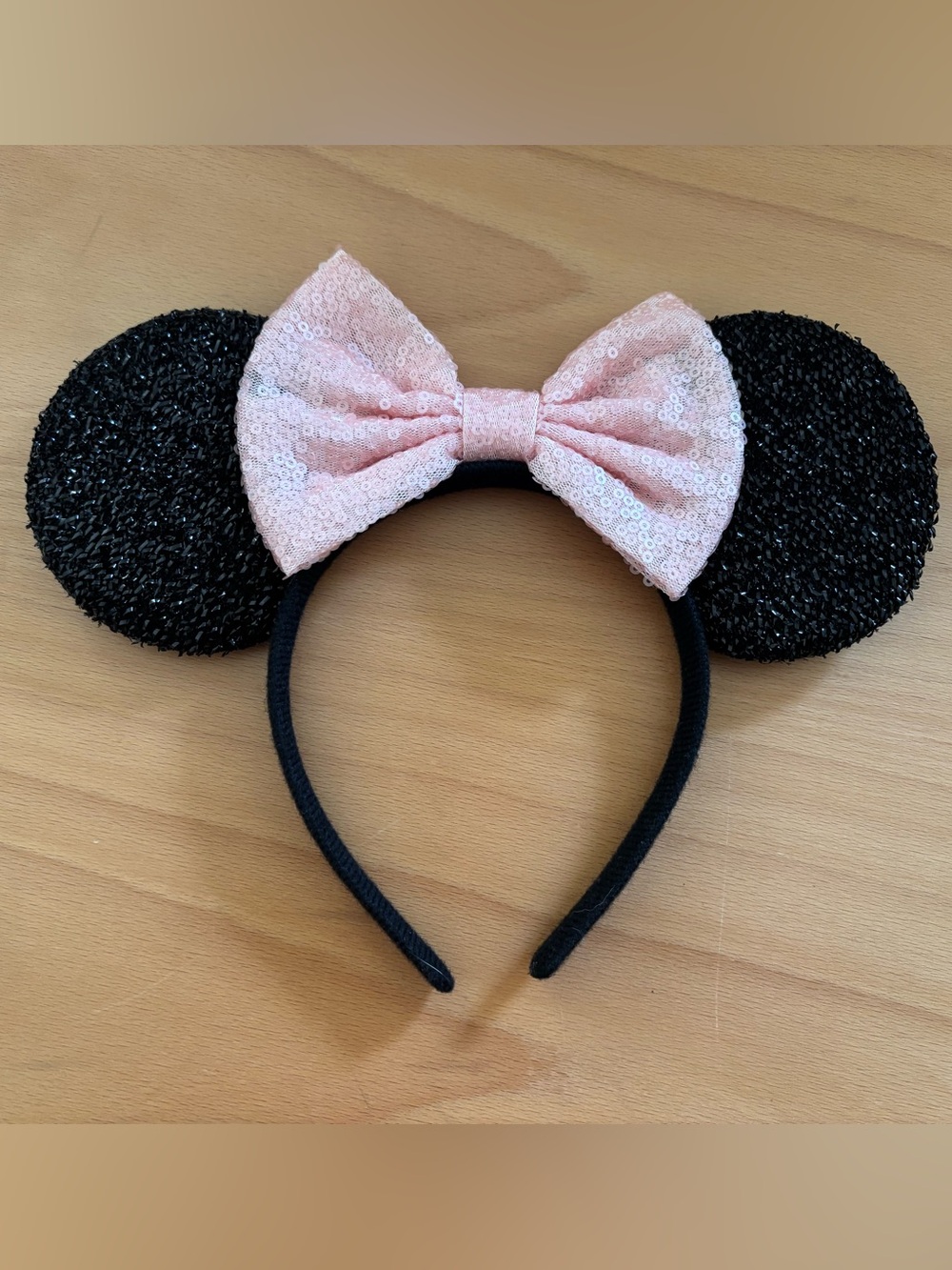 Sequin Minnie Mouse Ear Headband with Rose Pink Bow - Mickey Mouse Ears
